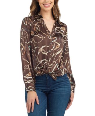 Juniors' Tie-Front Long-Sleeve Stretch Satin Blouse