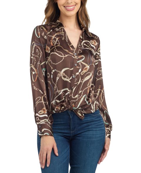 Женская блузка BCX Juniors' Tie-Front Long-Sleeve Stretch Satin, цвет: Pat E