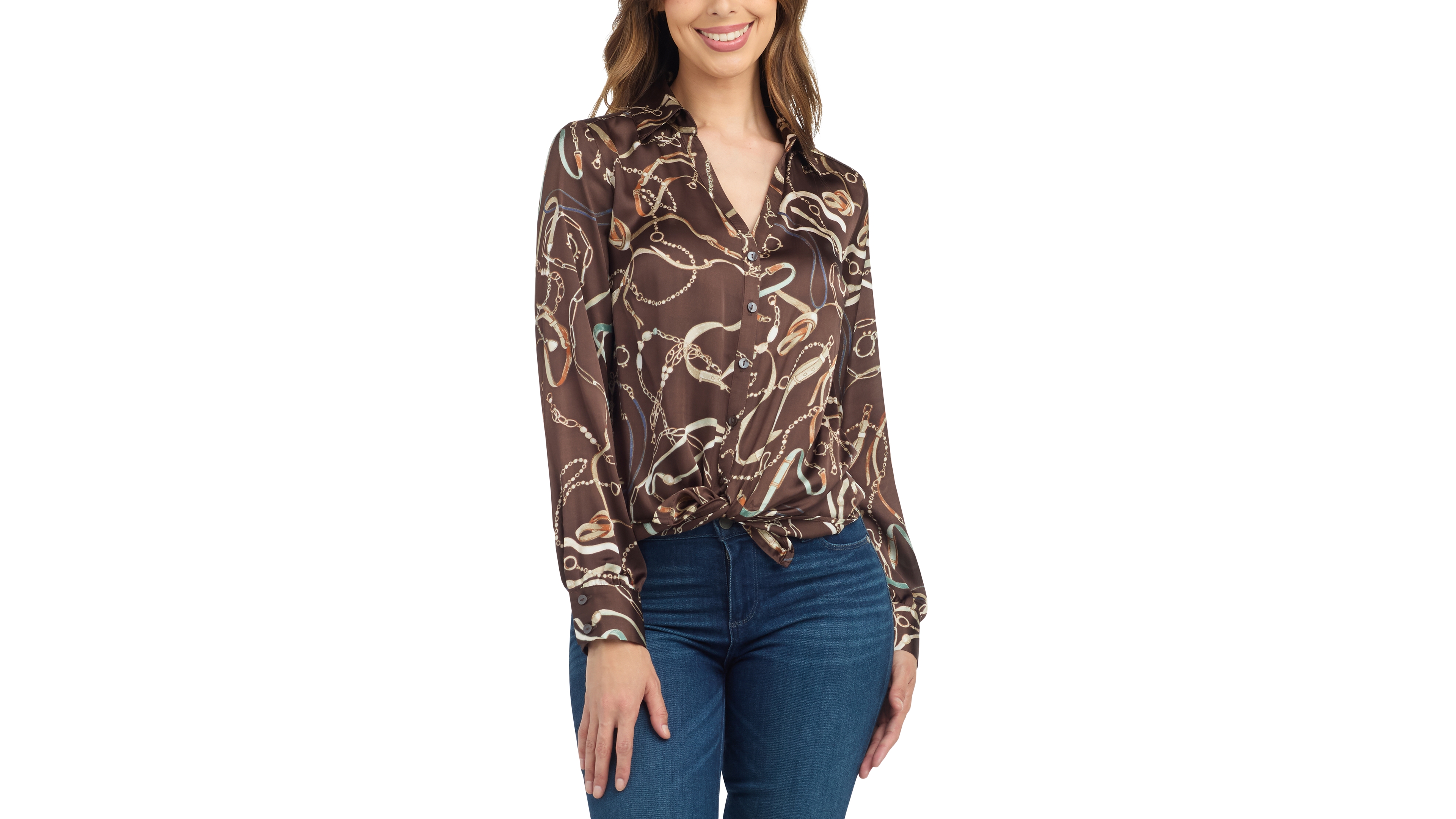 Bcx Juniors' Tie-Front Long-Sleeve Stretch Satin Blouse