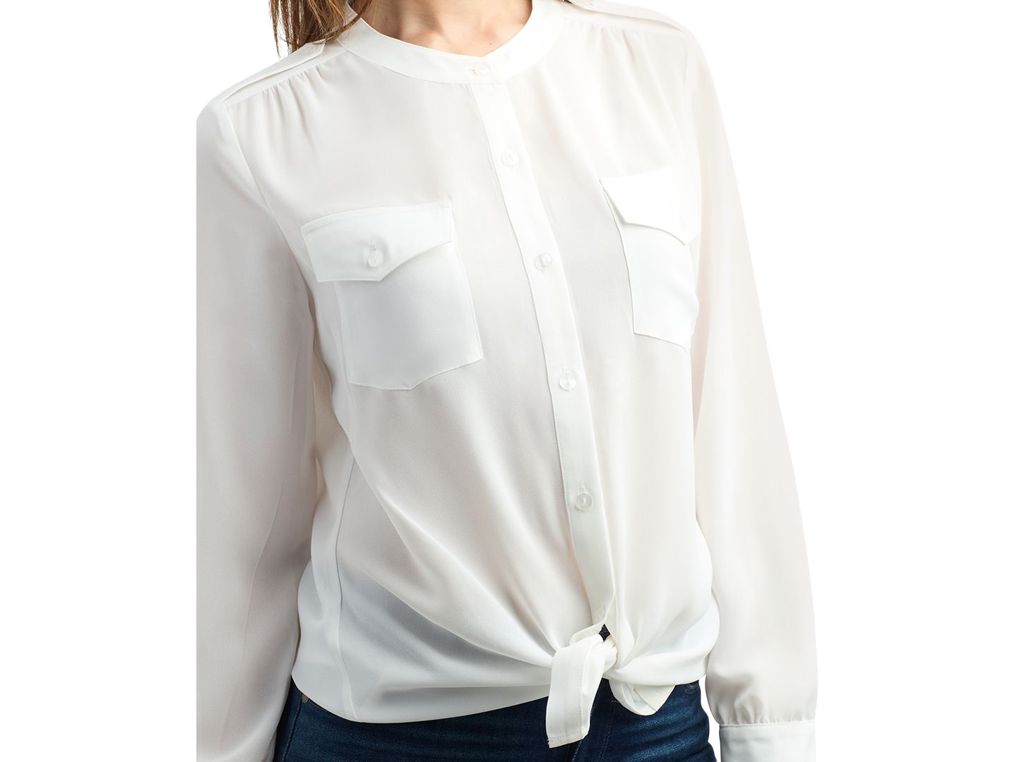 Женская блузка BCX Juniors' Tie Front Long Sleeve Dobby, цвет: Молочный белый — фото 4