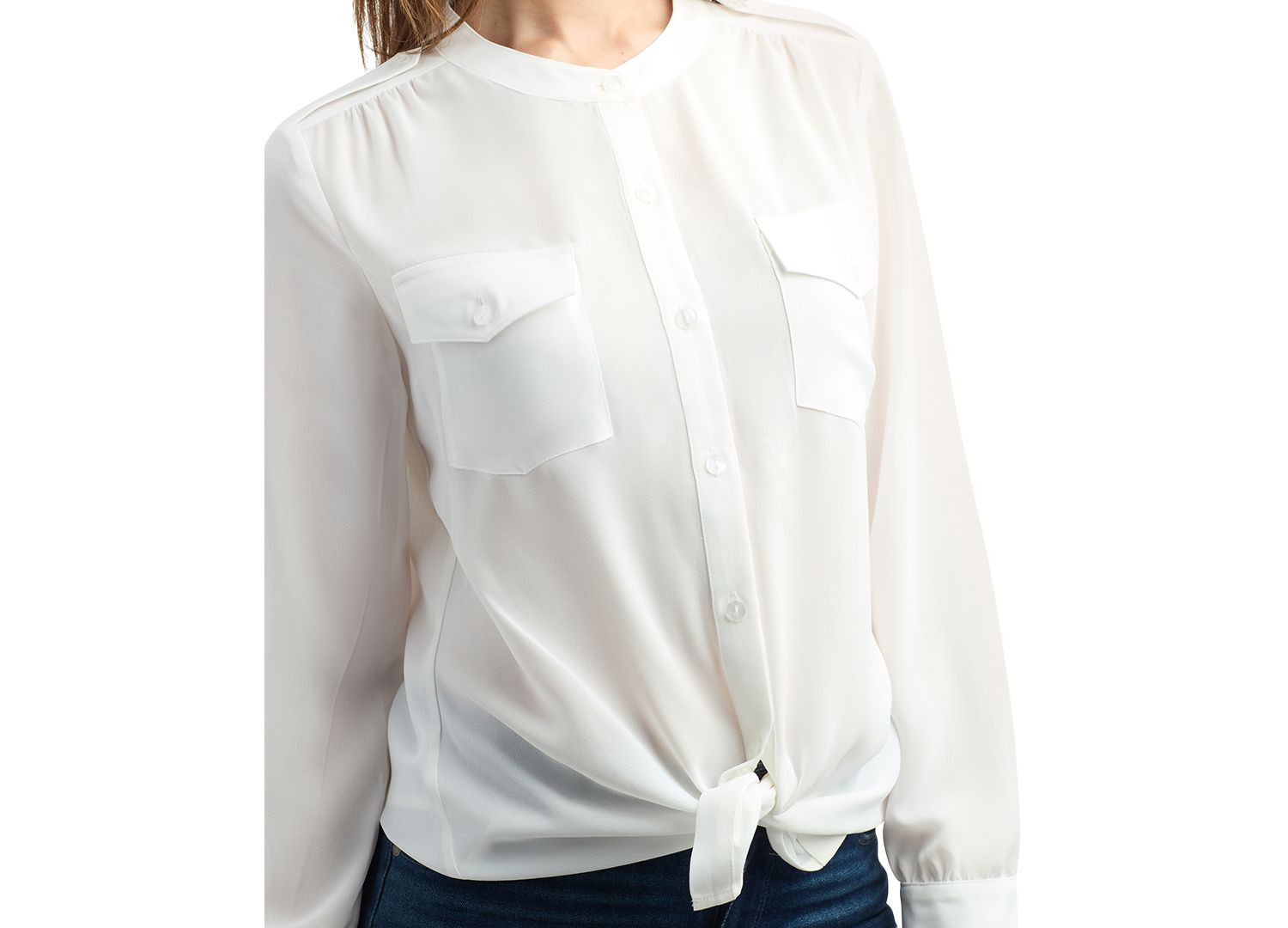 Juniors' Tie Front Long Sleeve Dobby Blouse