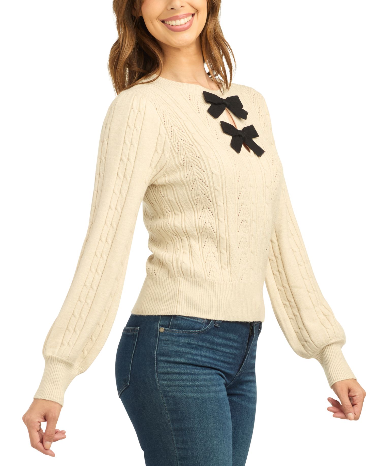 Juniors' Cable-Knit Balloon-Sleeve Pullover Sweater
