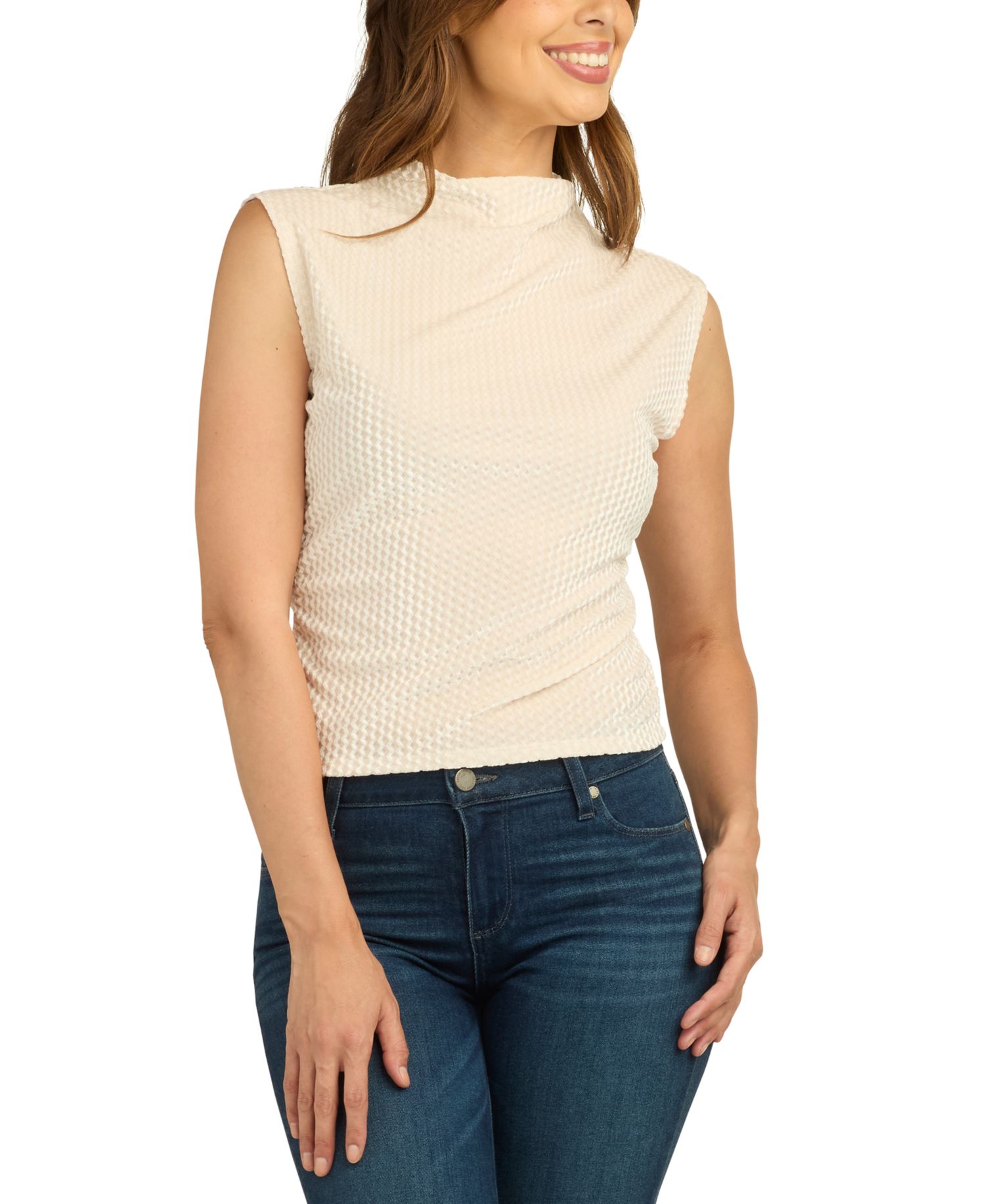 Juniors' Mock Neck Diamond Velvet Shirred Tank Top