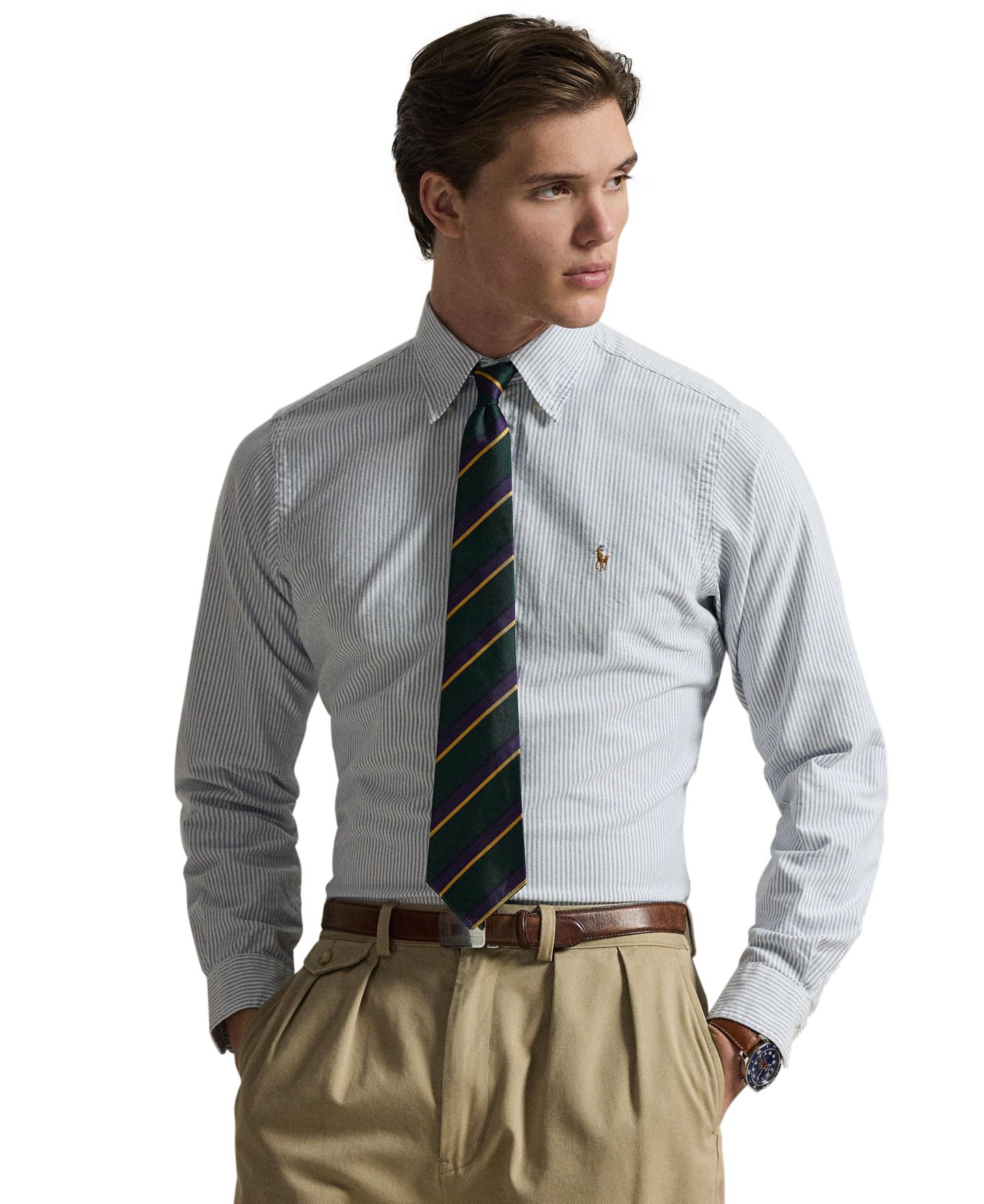 Мужская рубашка Polo Ralph Lauren Classic-Fit Plaid Brushed Oxford, цвет: Тёмно-синий белый — фото 1
