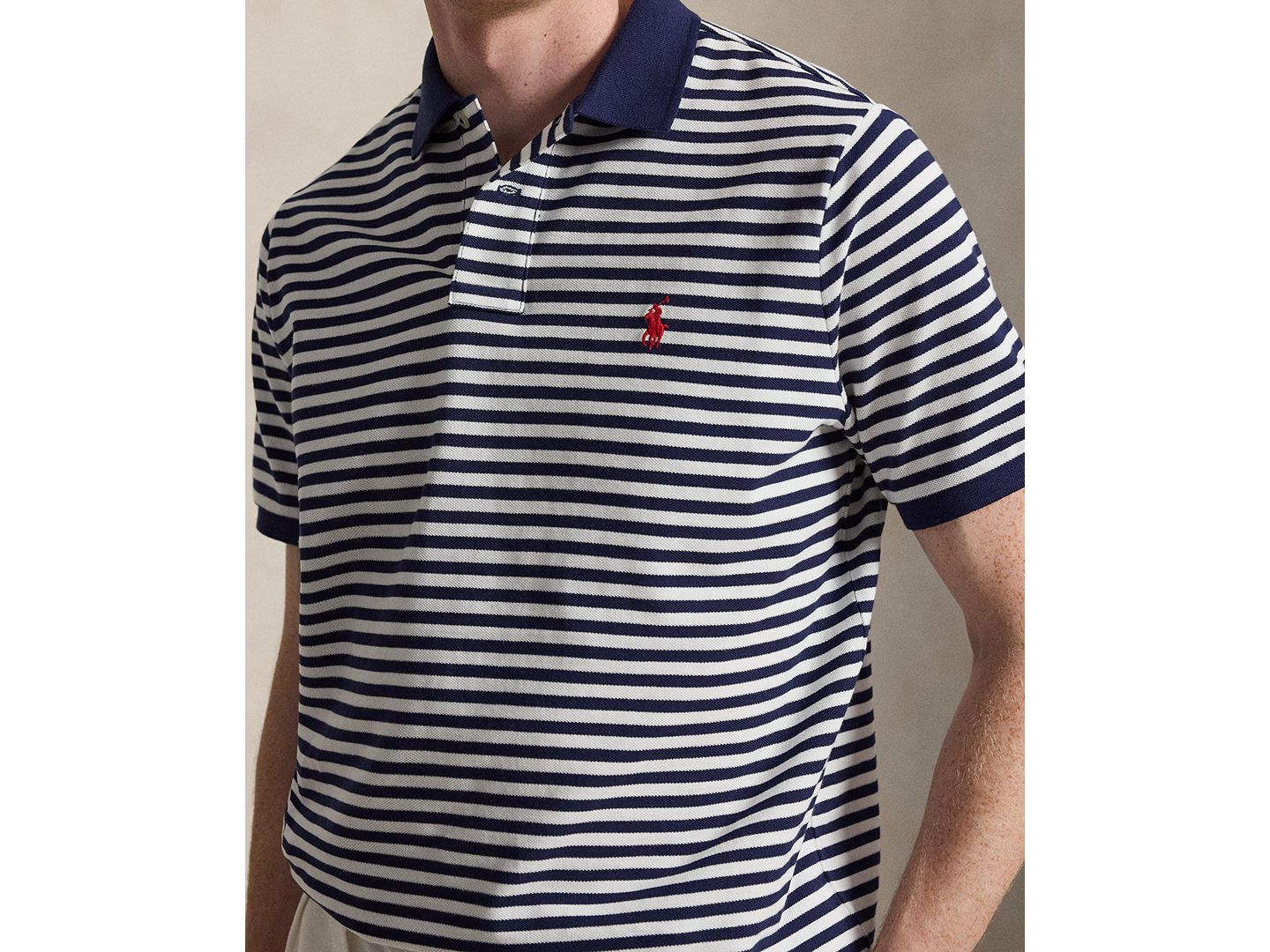 Мужская сетчатая рубашка-поло Polo Ralph Lauren классического кроя в полоску, цвет: Тёмно-синий / Белый — фото 3