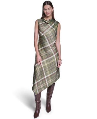 Women's Cowl Neck Plaid Asymmetrical Midi Dress