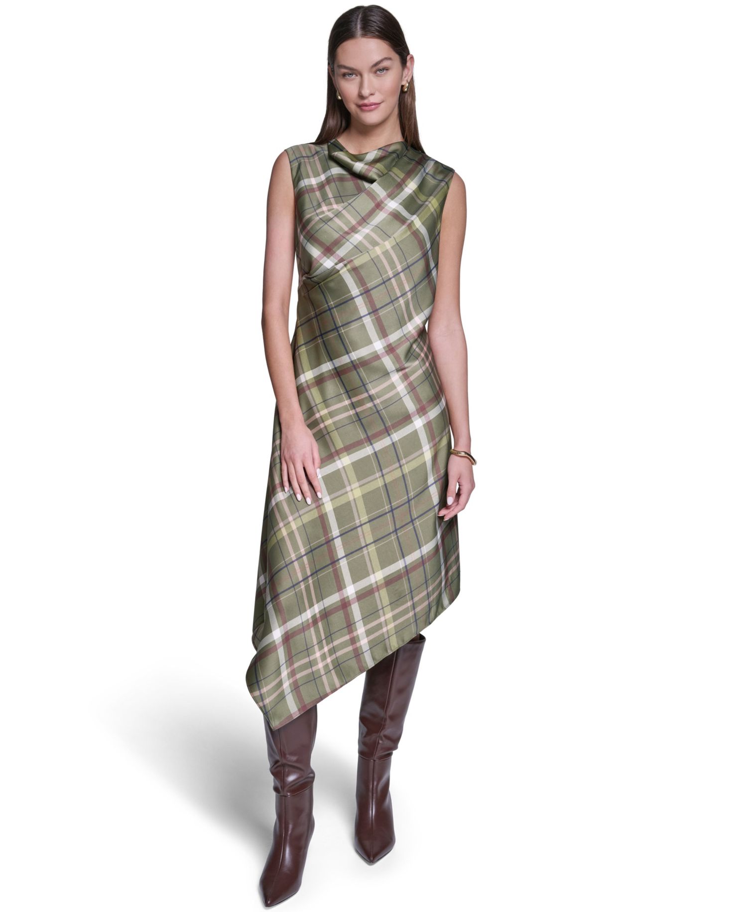 Women's Cowl Neck Plaid Asymmetrical Midi Dress