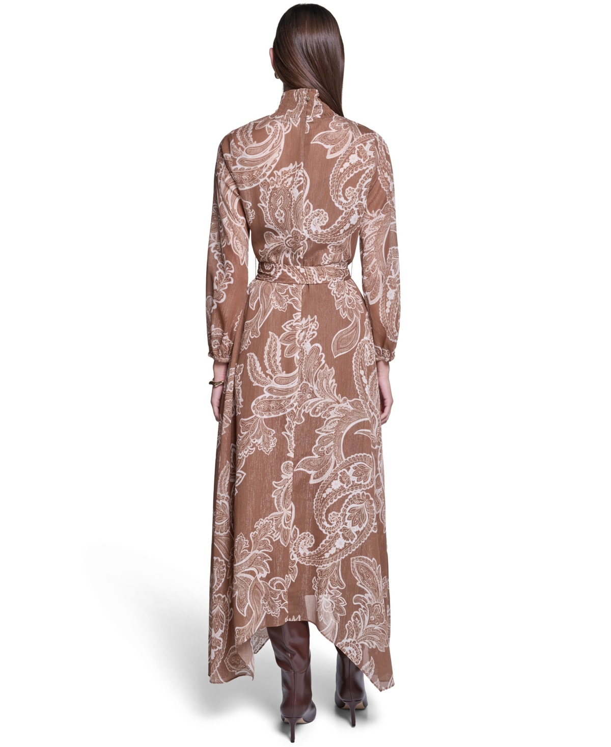 Halston Women's Paisley-Printed Long-Sleeve Chiffon Midi Dress