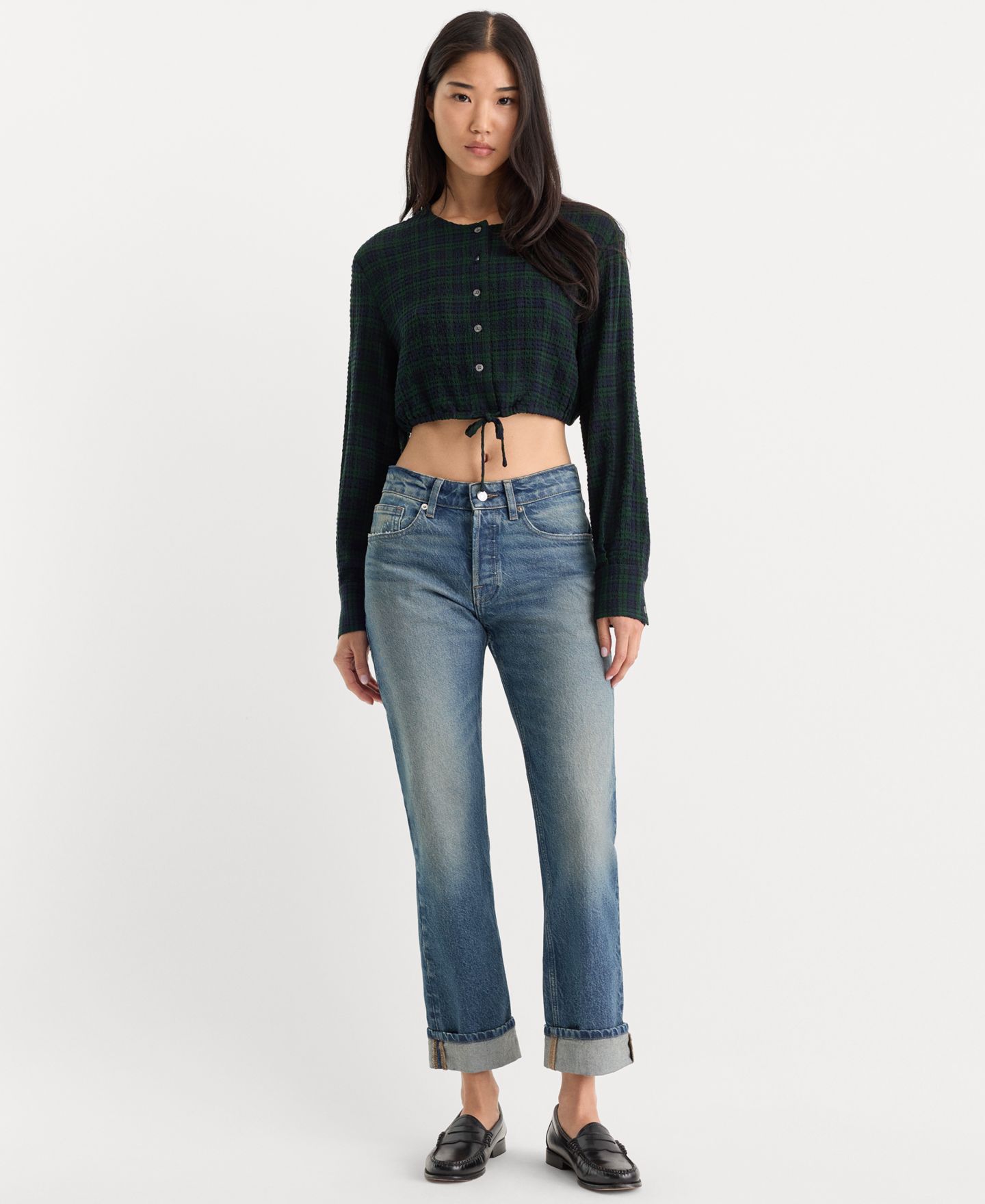 Женская блузка Good American Crinkle Cinched Plaid Long-Sleeve, цвет: Тёмно-зелёный клетчатый — фото 2