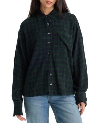 Women's Crinkle Easy Plaid Collared Shirt
