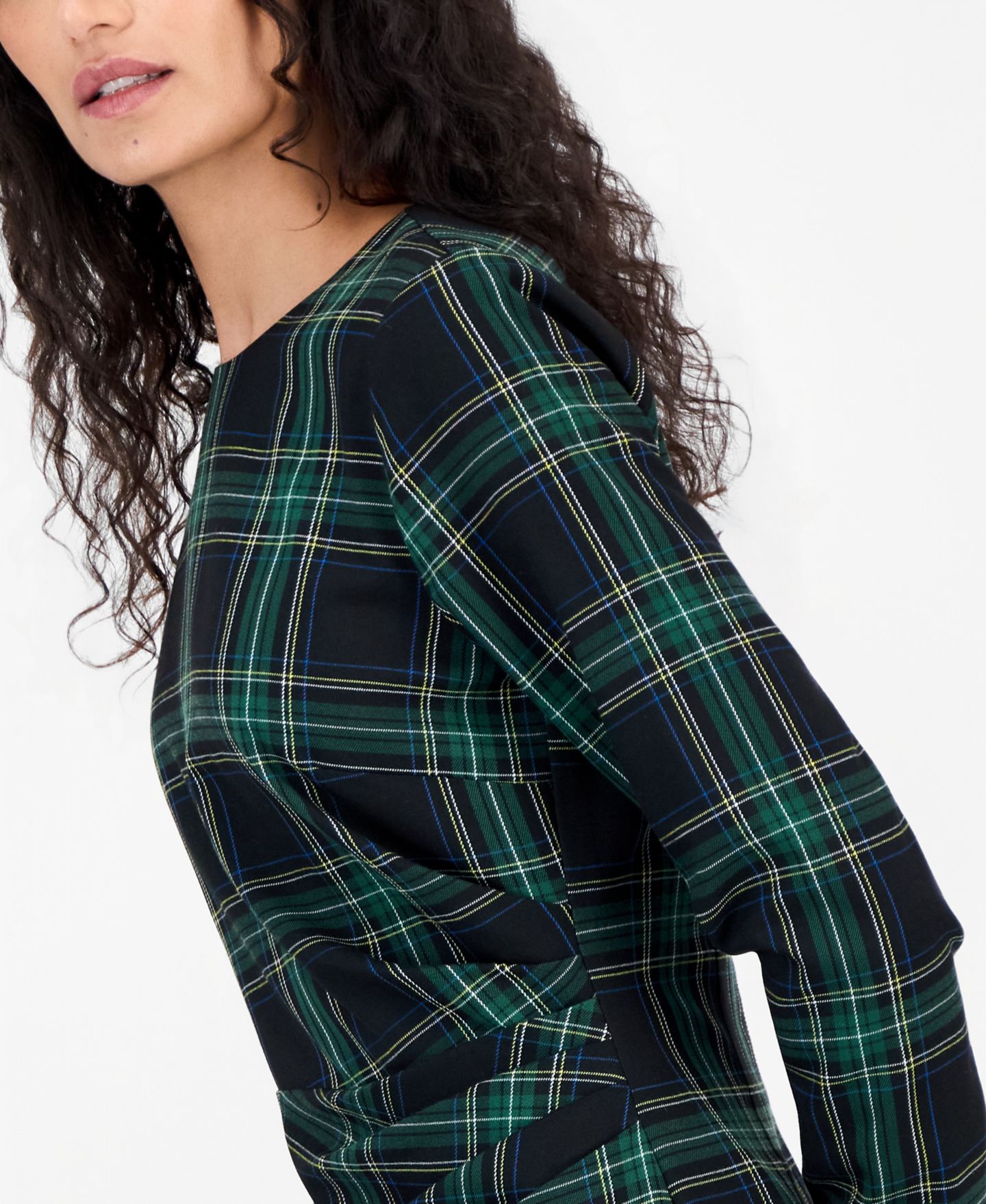 Женское платье Tahari ASL Long-Sleeve Scoop Neck Plaid, цвет: Зимний сосновый чёрный — фото 4