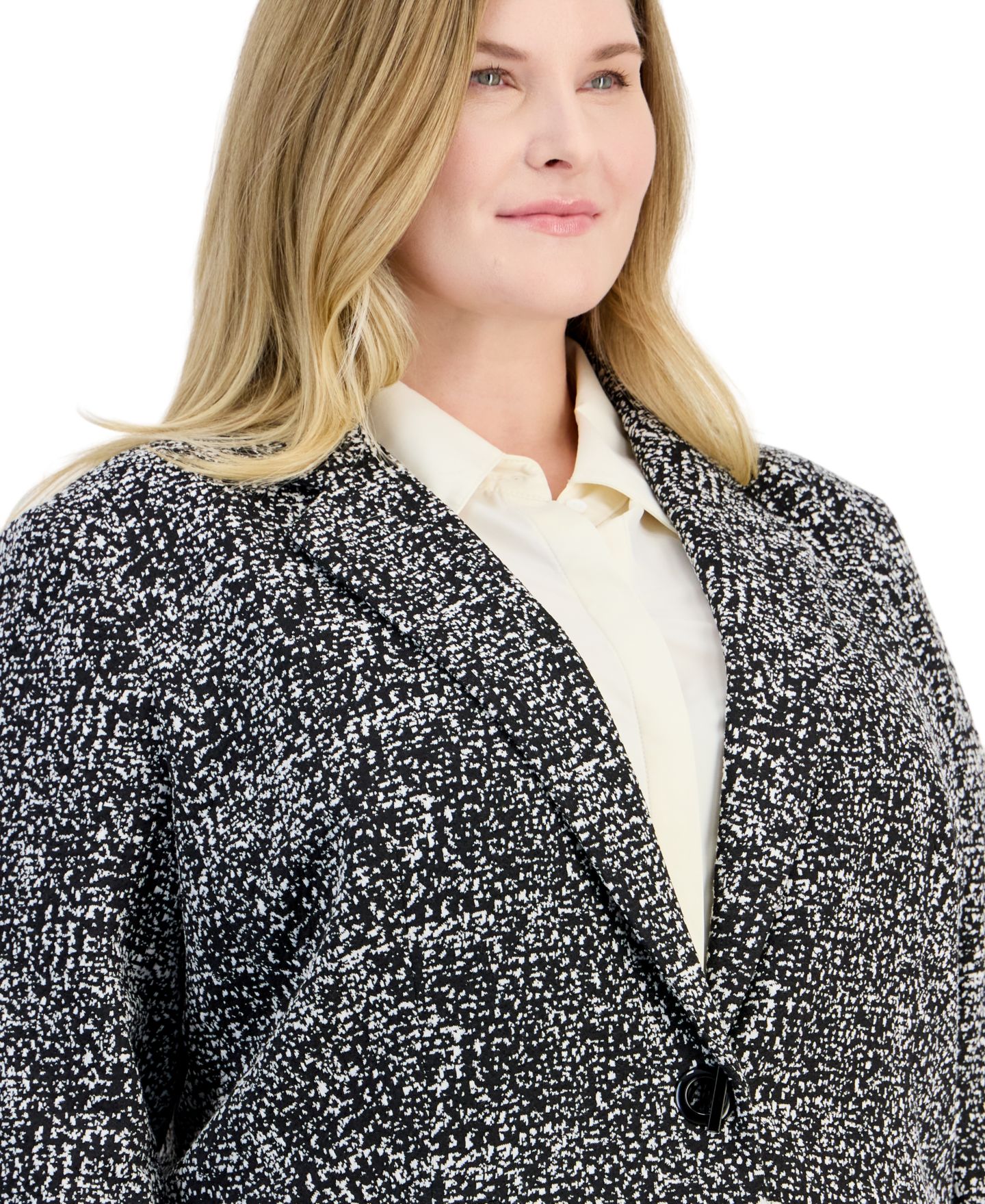 Женский пиджак Kasper Plus Size Toggle Long-Sleeve Textured-Tweed, цвет: Чёрный / Ванильный ледяной — фото 3