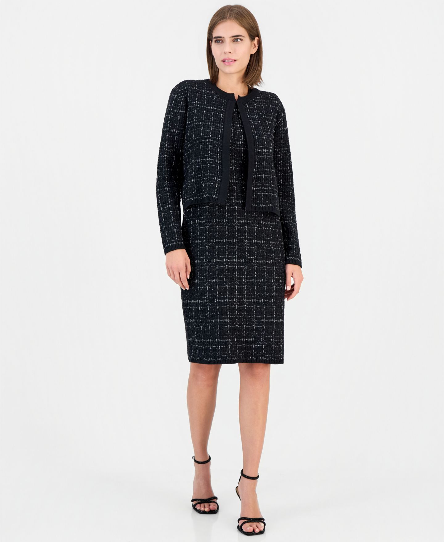 Женские болеро Anne Klein Kissing Front Tweed Cropped Shrug, цвет: Чёрный — фото 1