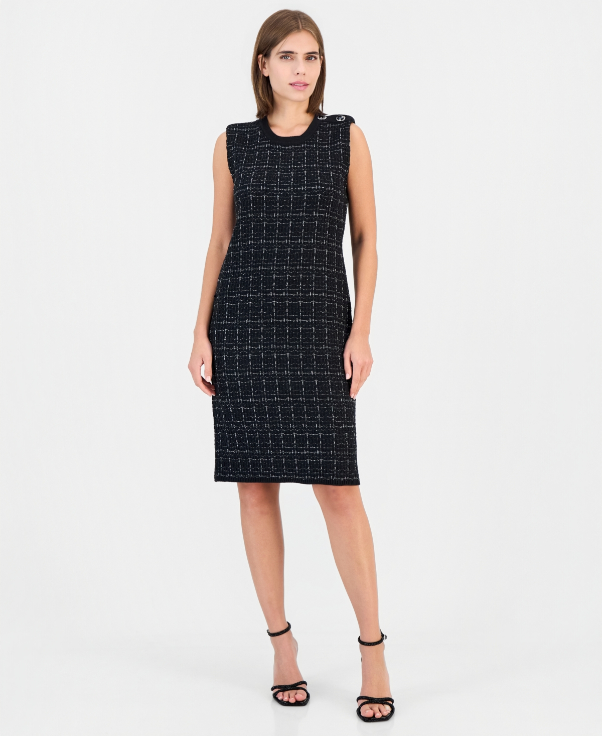Anne Klein Women's Tweed Texture Stitch Crewneck Sleeveless Dress
