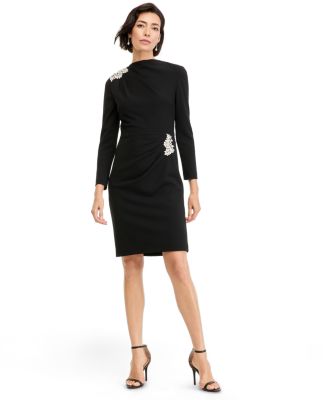 Women's Draped Crystal Embellished Sheath Scuba Crepe Cocktail Dress