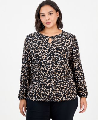 Plus Size Keyhole Long Sleeve Leopard Print Blouse