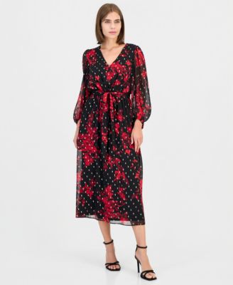 Women's Floral-Print Long-Sleeve V-Neck Chiffon Midi Dress