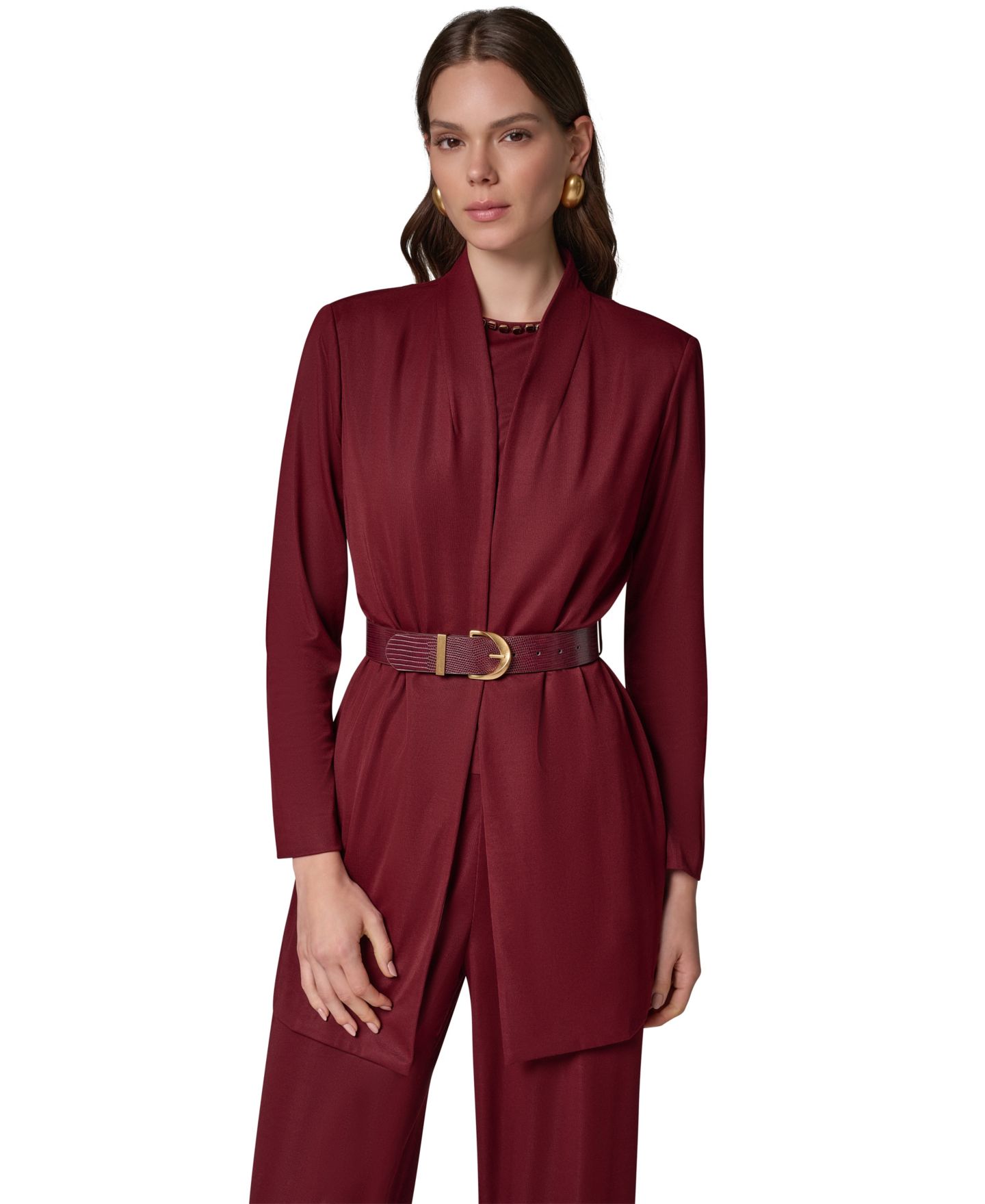 Женский пиджак Donna Karan New York Knit Belted Collarless Blazer, цвет: Чёрный вишнёвый — фото 1