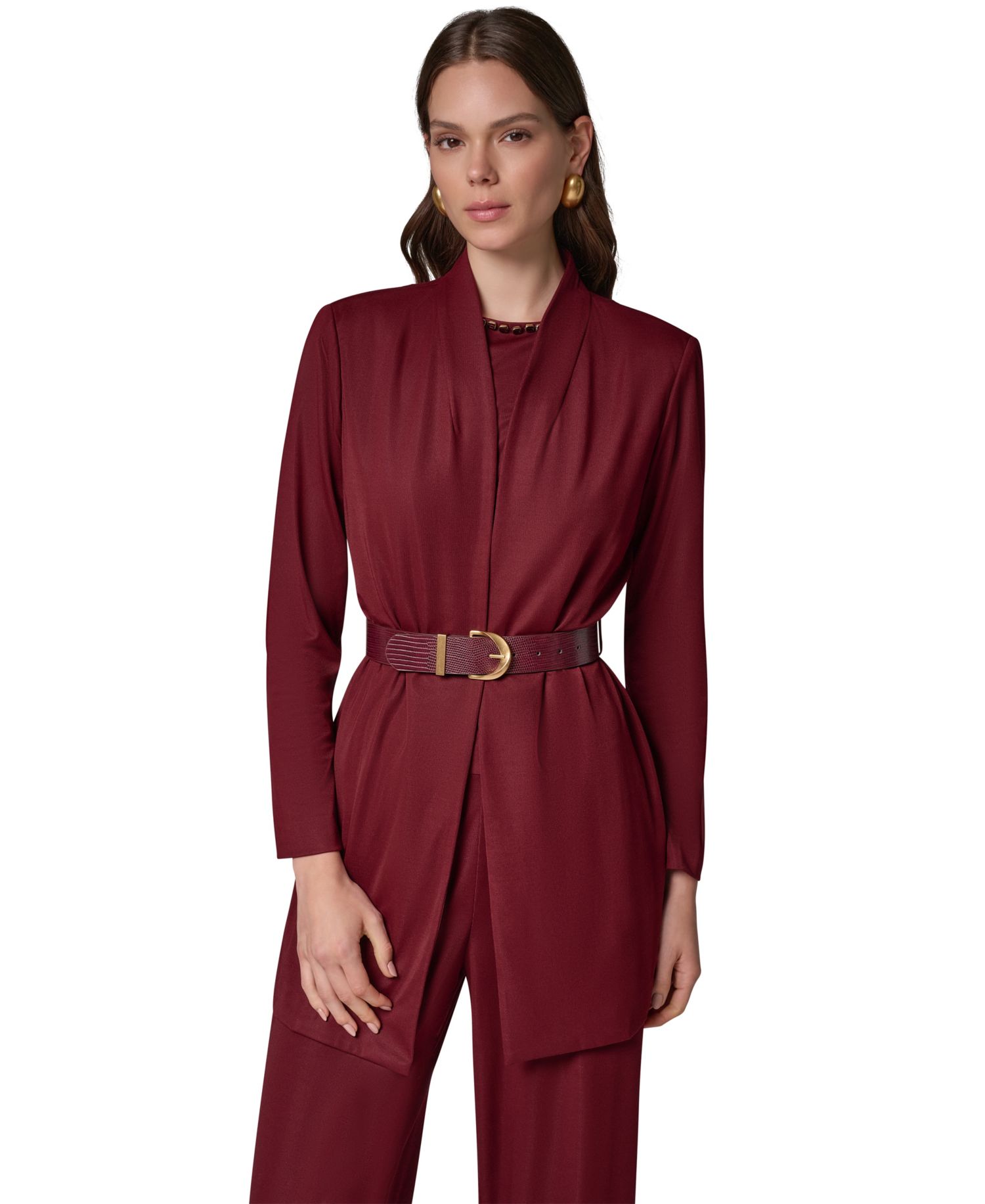 Women's Knit Belted Collarless Blazer