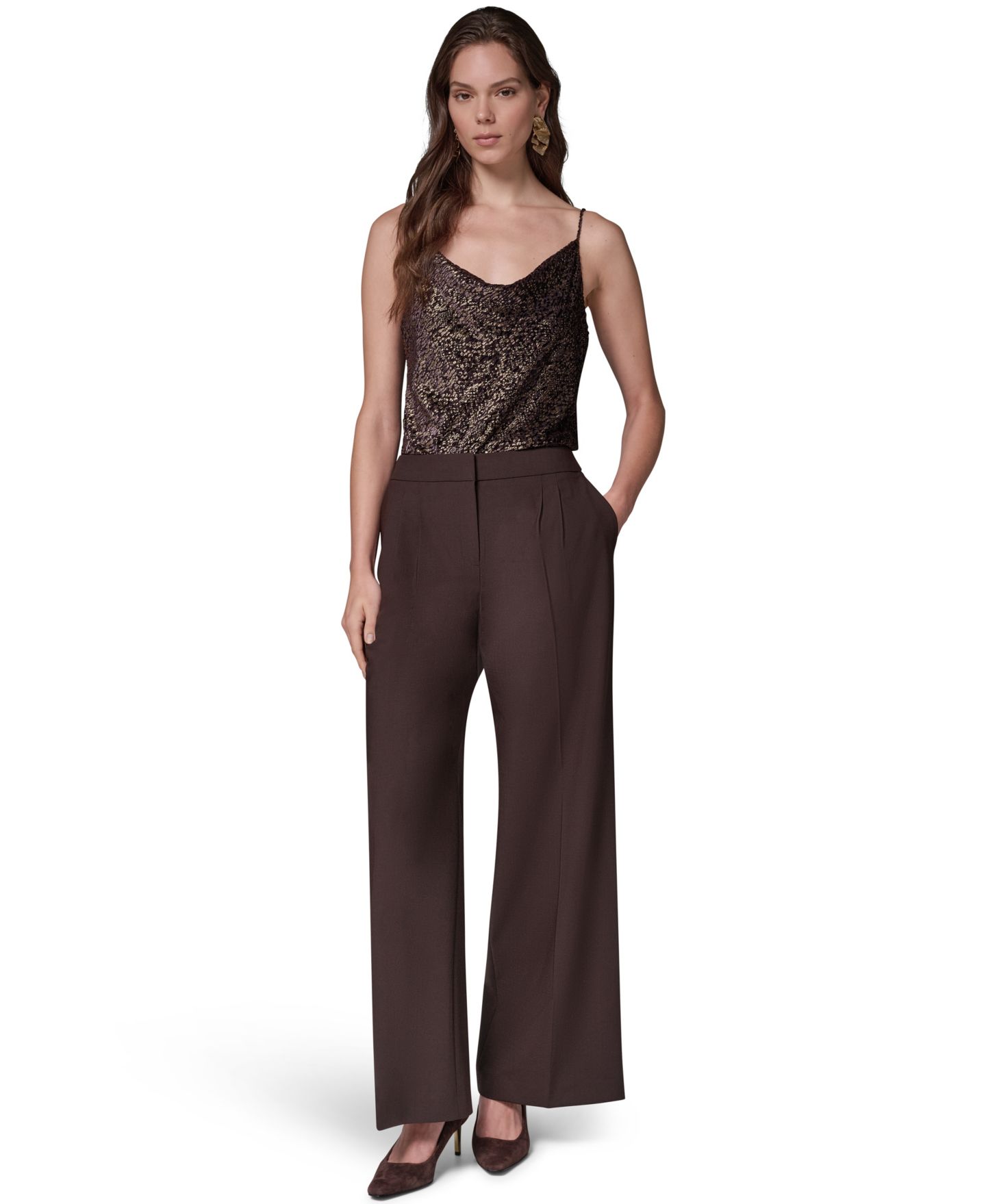 Женские брюки Donna Karan New York High-Waist Wide-Leg Pleated Trousers, цвет: Тёмно-коричневый — фото 2