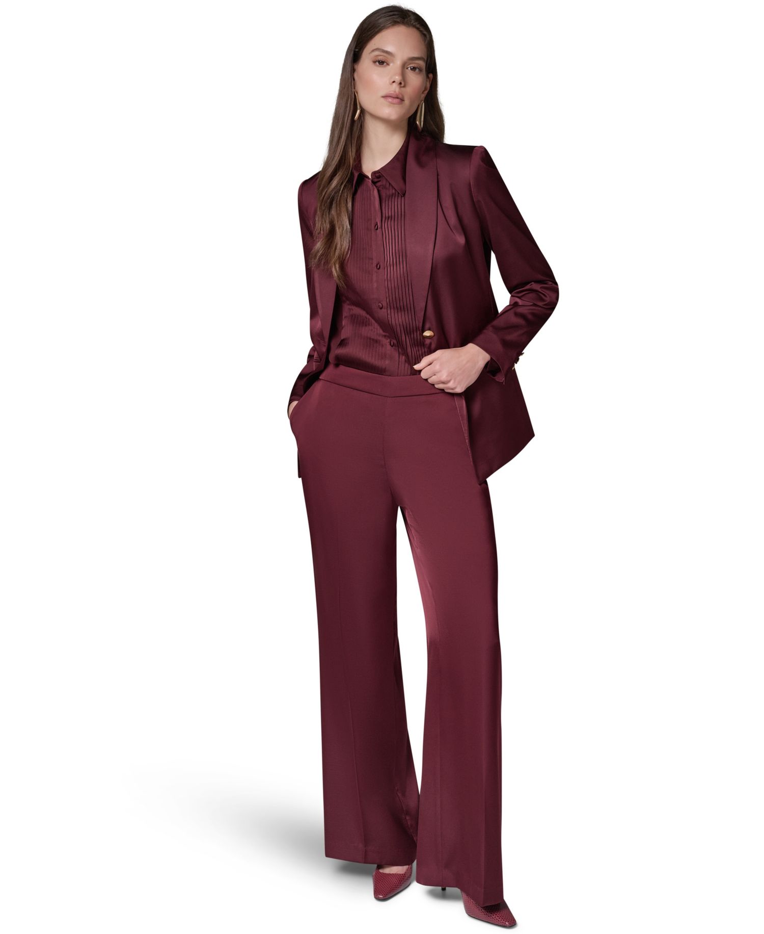 Petite Satin Shawl Lapel Shoulder-Padded Blazer