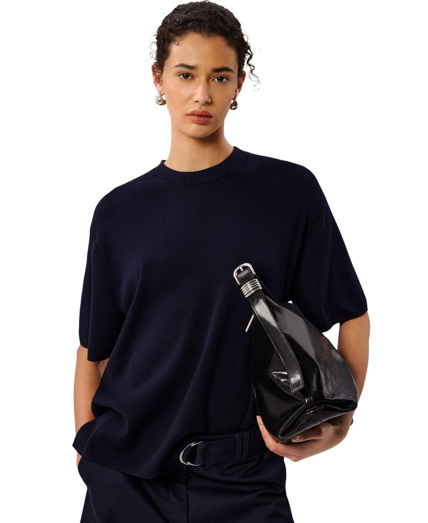 Women's Crewneck Loose Fine Knit Cotton-Blend T-Shirt