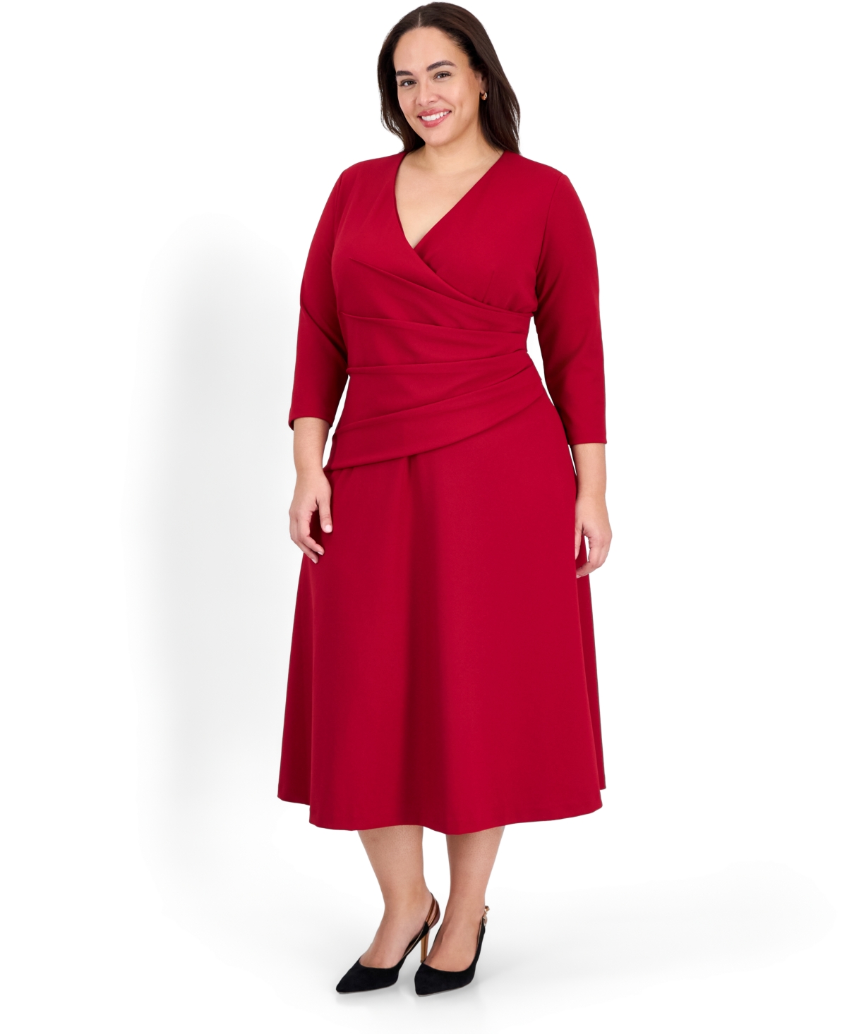 Anne Klein Plus Side Ruche V-Neck 3/4-Sleeve Ruched Midi Dress
