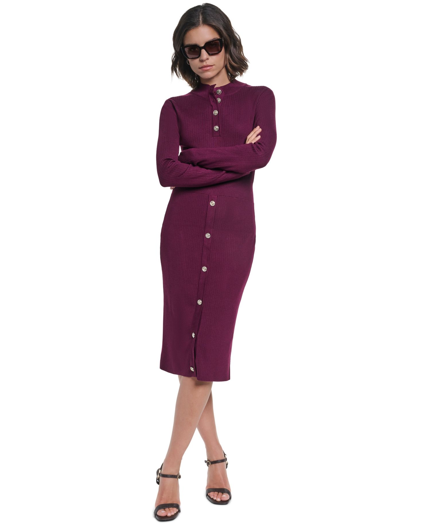Women's Mock Neck Midi Button Front Sweater Dress