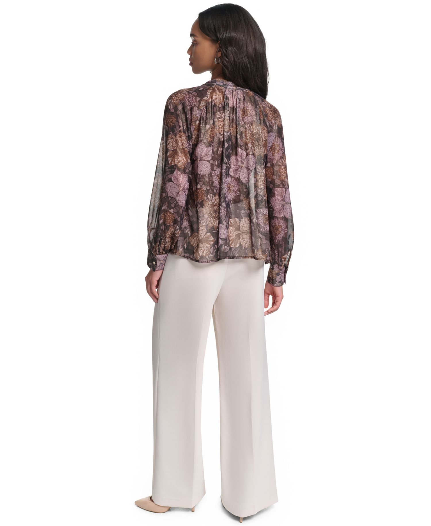 Women's Tie Neck Sheer Floral Blouse