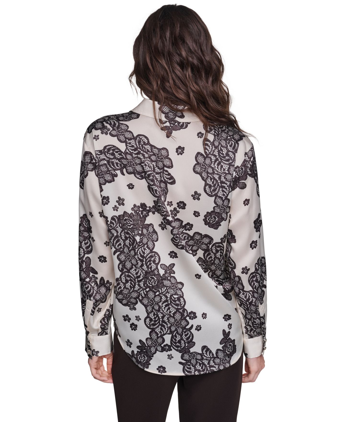 Женская блузка KARL LAGERFELD PARIS Long-Sleeve Printed Collared Blouse, цвет: Берёзовый / Шоколадный — фото 4