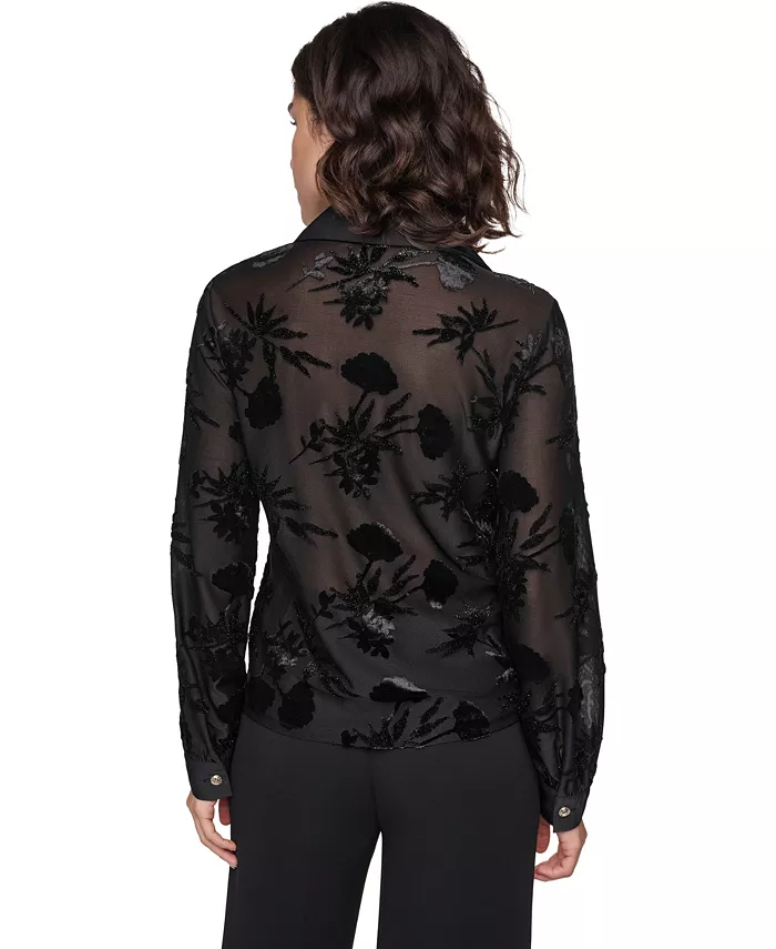 Women's Long-Sleeve Collared Burnout-Floral Blouse - thumbnail 4
