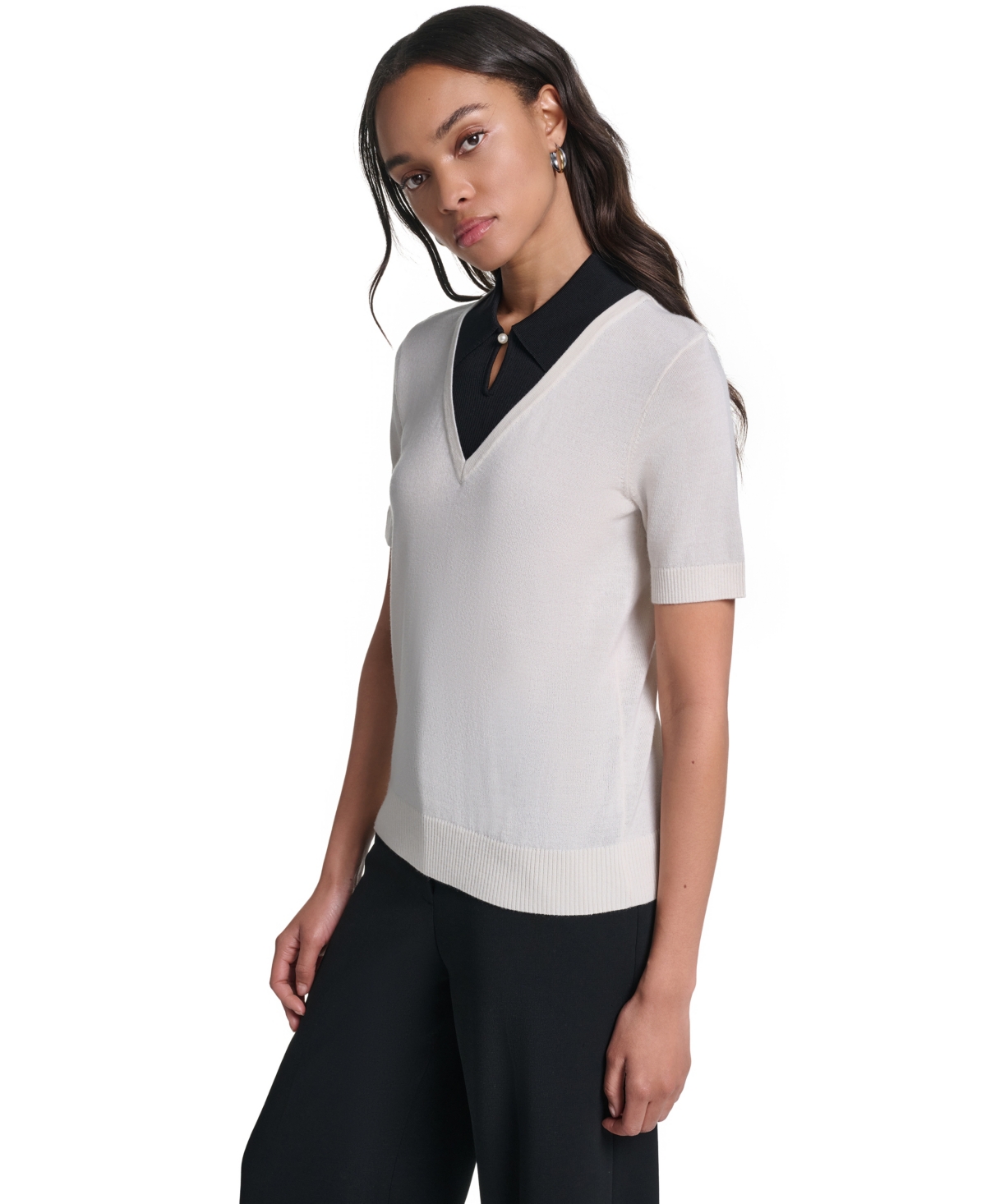 Karl Lagerfeld Paris Women's Merino Wool-Blend Short-Sleeve V-Neck Sweater