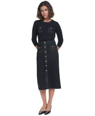Women's Long-Sleeve Crewneck Button-Pocket Blouse and Midi Pencil Skirt