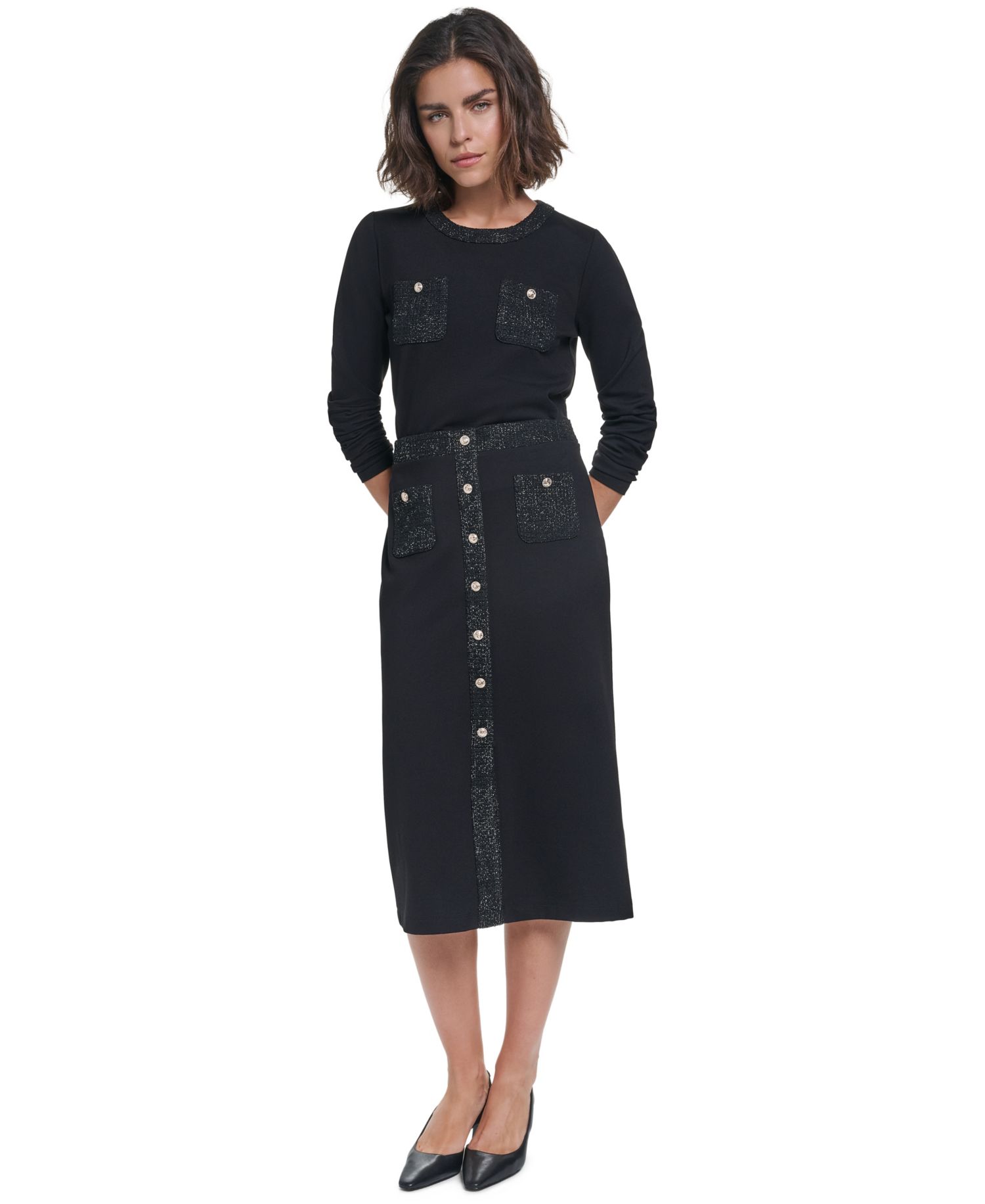 Women's Long-Sleeve Crewneck Button-Pocket Blouse and Midi Pencil Skirt