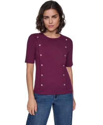 Women's Short-Sleeve Crewneck Ribbed-Knit Cotton-Blend Sweater