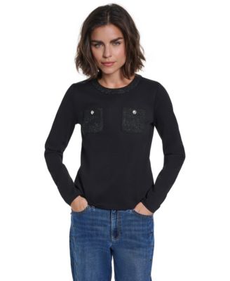 Women's Long-Sleeve Crewneck Button-Pocket Blouse