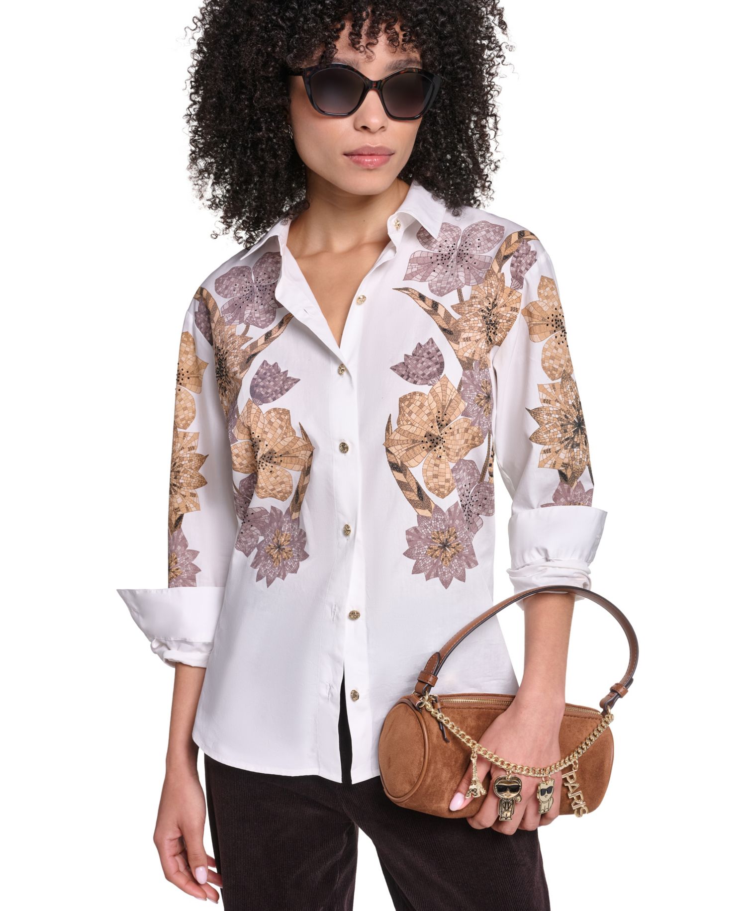 Women's Floral-Print Long-Sleeve Hotfix Rhinestone Blouse