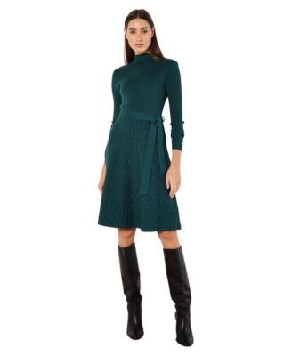 Women's Rib and Brick Mock-Neck Long-Sleeve Fitted Dress