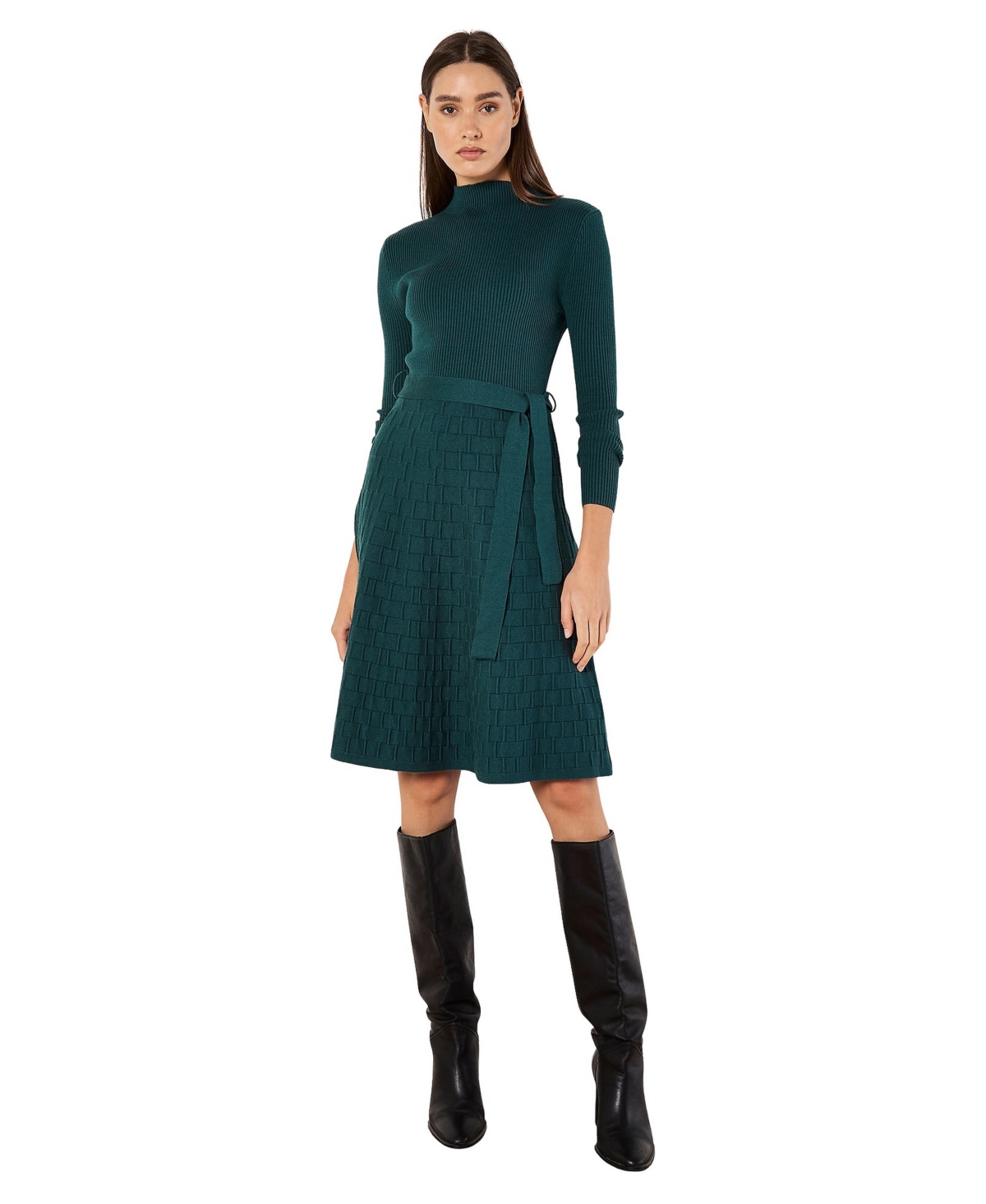Apricot Women's Rib and Brick Mock-Neck Long-Sleeve Fitted Dress - Green