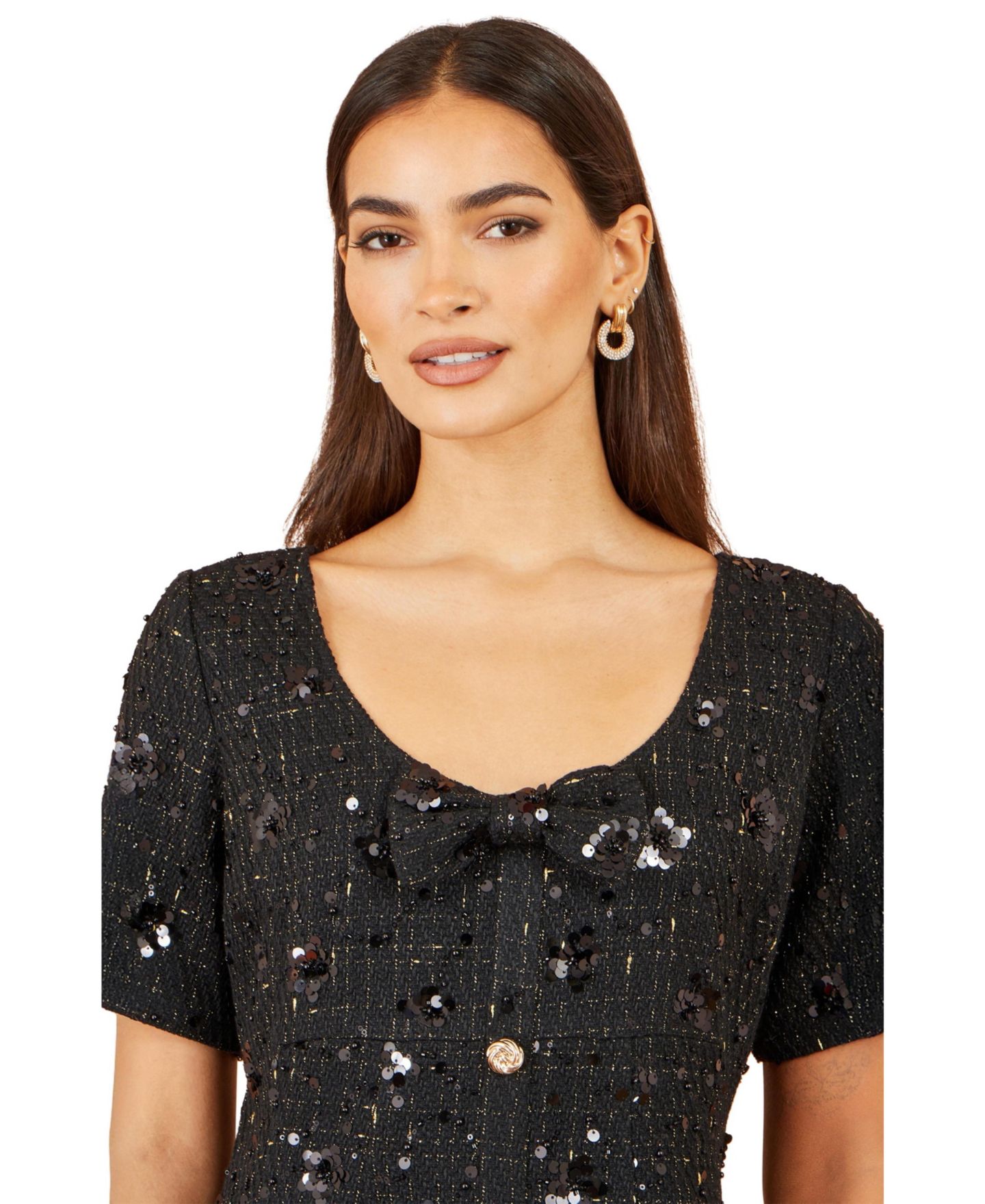 Женское платье Yumi Boucle Bow Sequin Fit-and-Flare Scoop Neck Mini, цвет: Чёрный — фото 4