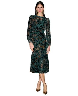 Women's Floral Velvet Long-Sleeve Midi Dress