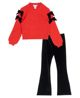 Girls' 7-12 Velvet Bow Balloon-Sleeve Flare Sweater and Pants, 2-Piece Set