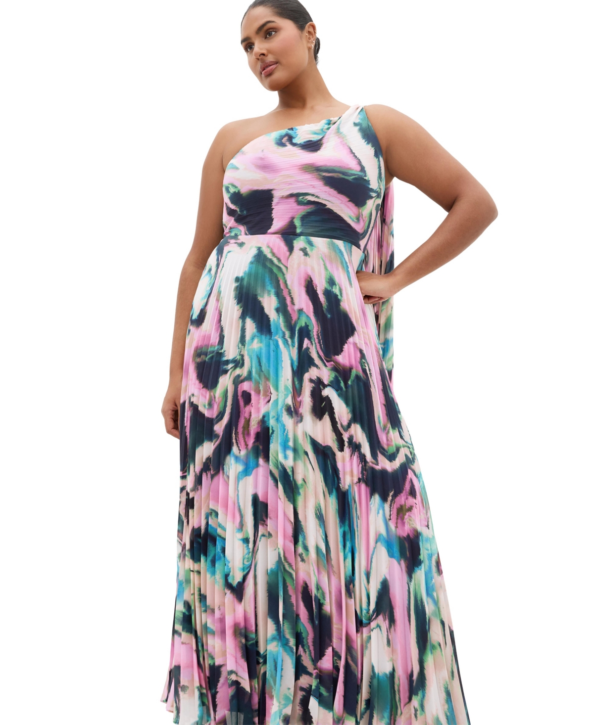 City Chic Plus Eloura One-Shoulder Rippled-Print A-Line Maxi Dress