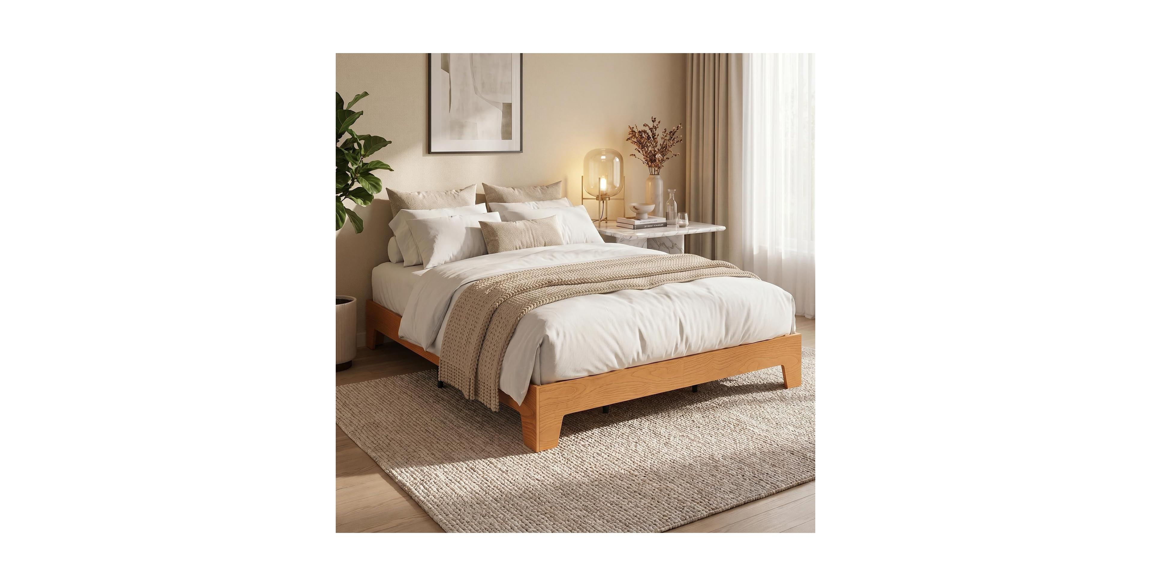 homfan Bed Frame with Wooden Slats, Wood Platform Frame, Low Profile Bed, No Box Spring Needed