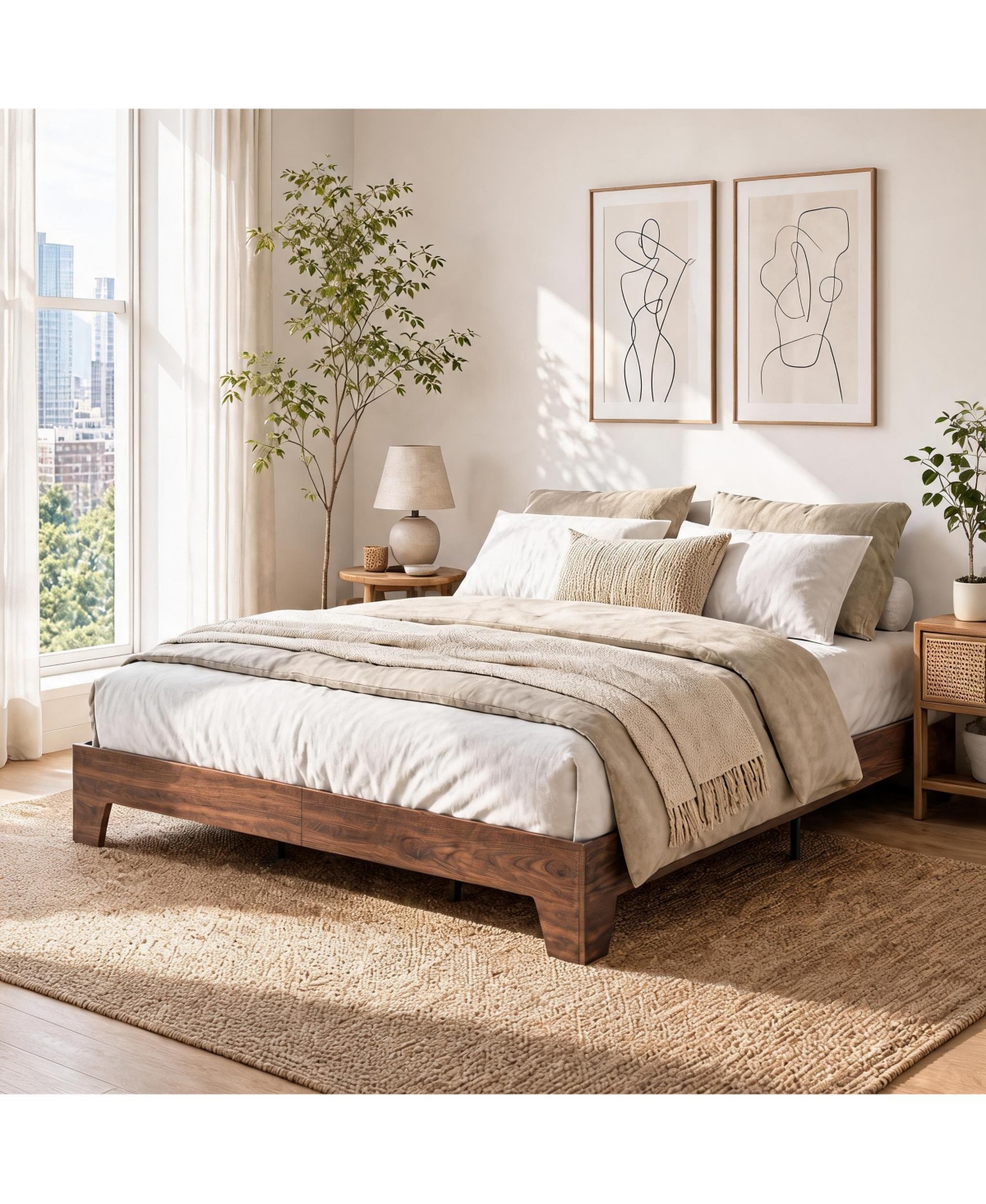 homfan Bed Frame with Wooden Slats, Wood Platform Bed Frame, Low Profile Bed, No Box Spring Needed, Noise-Free. - Dark Brown Full