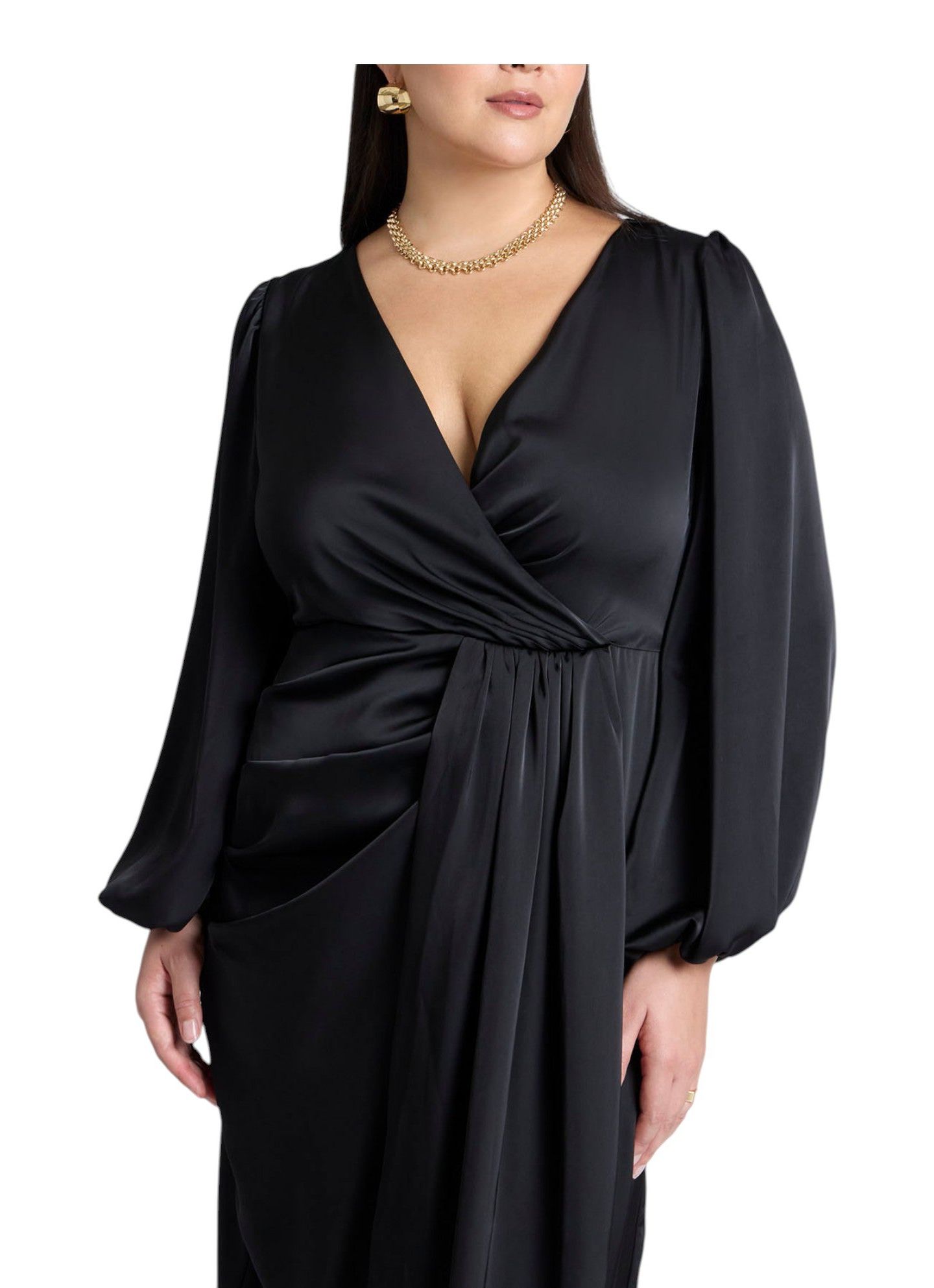 Женское платье ELOQUII Pleated Satin Puff-Sleeve Maxi, цвет: Чёрный оникс — фото 4