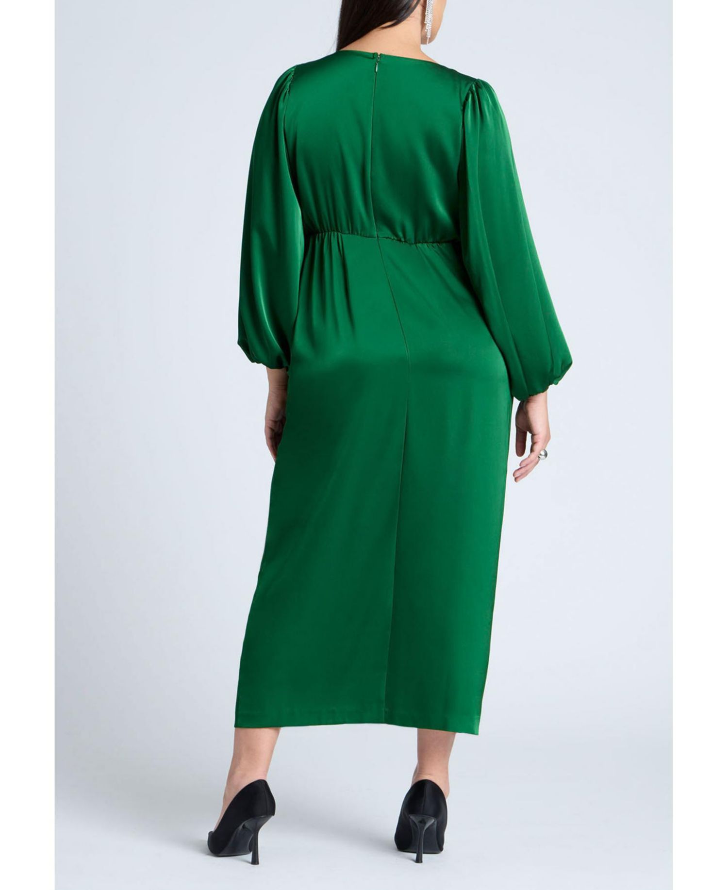 Women's Pleated Satin Puff-Sleeve Maxi Dress