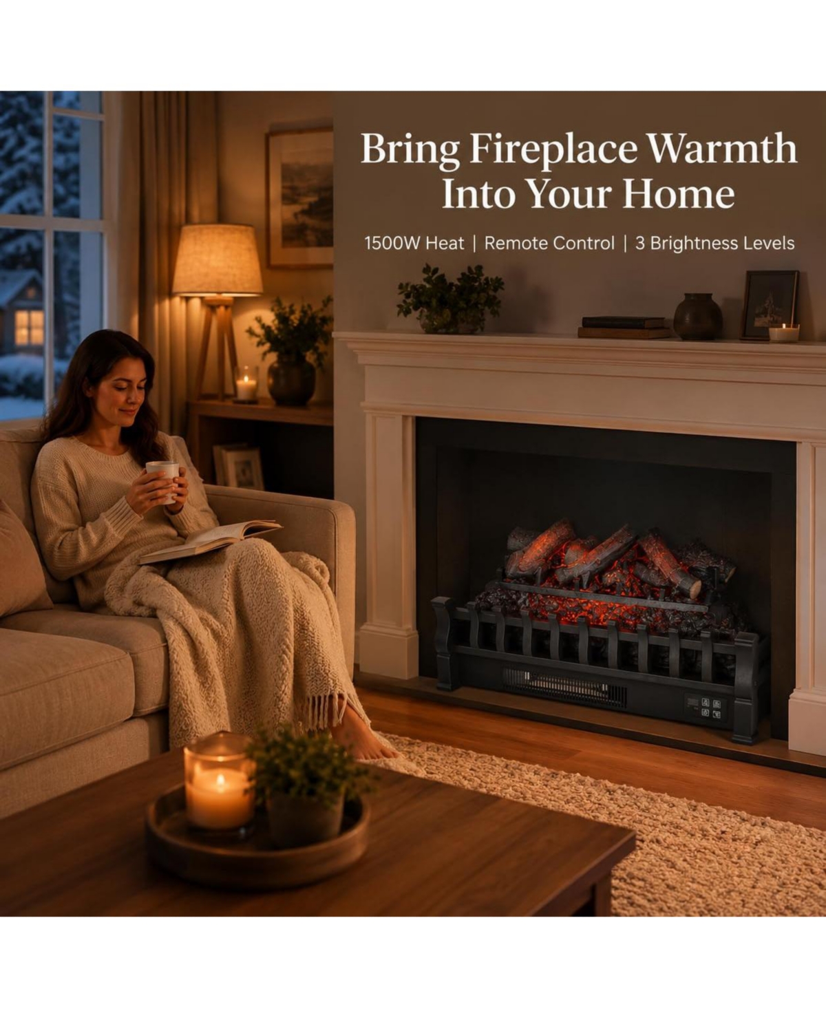 homfan 26 Inch Electric Fireplace Logs, 1500W Fireplace Heater With Log Style,Flame, 3 Brightness Levels, Remote Control, Cold Rolled Steel Abs, 120V