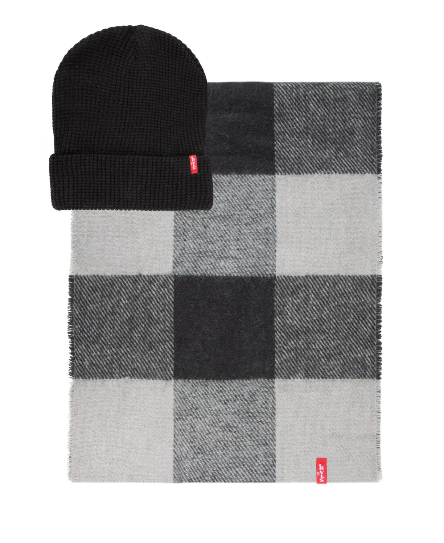 Мужские комплекты Levi's Waffle Knit Beanie & Buffalo Plaid Scarf, 2-Piece Set, цвет: Чёрный — фото 1