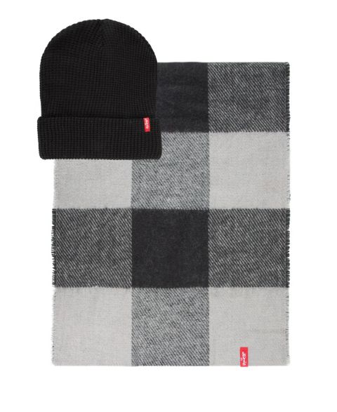 Мужские комплекты Levi's Waffle Knit Beanie & Buffalo Plaid Scarf, 2-Piece Set, цвет: Чёрный